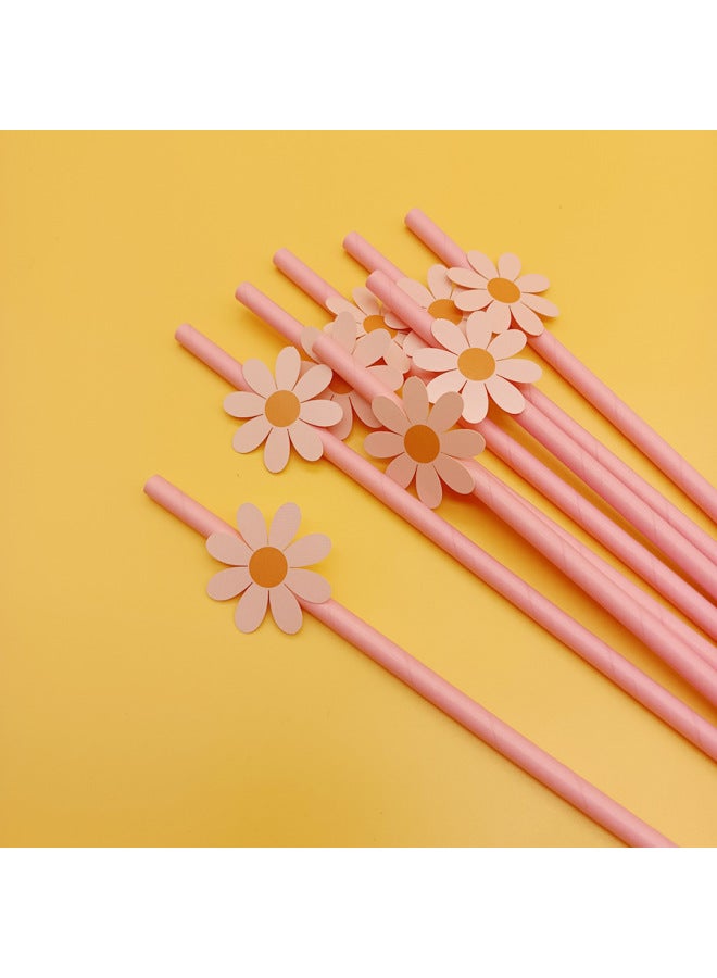 Factory Spot Wholesale Creative Party Straw Decoration Series With Card Small Flower Daisy Paper Straw Creative-Color:Light Powder Flower + Pure Powder Straw  - Image 1
