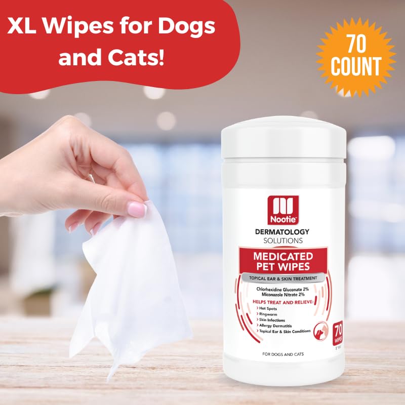 Nootie Medicated Dog Wipes, 2% Chlorhexidine and 2% Miconazole Formulated Pet Wipes for Dogs and Cats - 5"x 6" Size XL Wipes - 70 Count - Sold in Over 10,000 Vet Clinics and Pet Stores Worldwide - Image 1