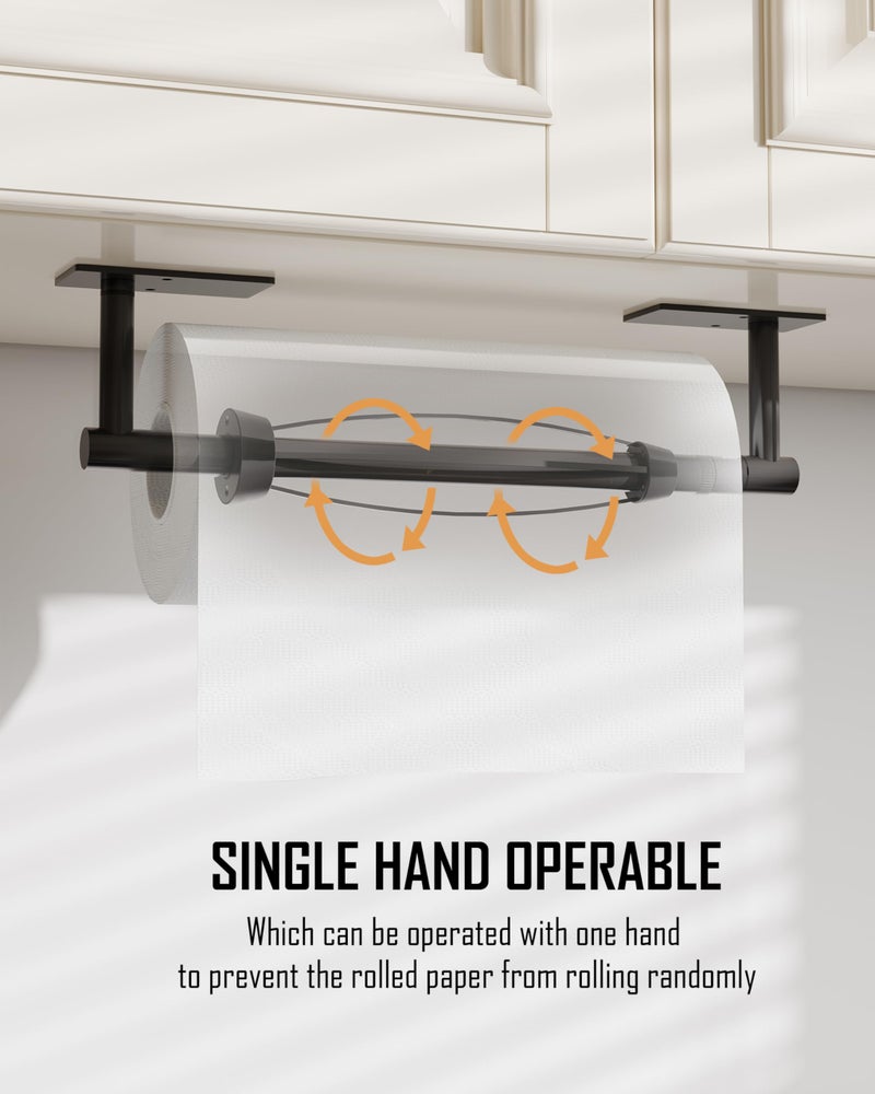 BATHDANCE Paper Towel Holder Under Cabinet Paper Towel Holder Wall Mount, Single Hand Operable with Damping Effect,Adhesive Stainless Steel for Kitchen Bathroom Commercial (Black) - Image 2