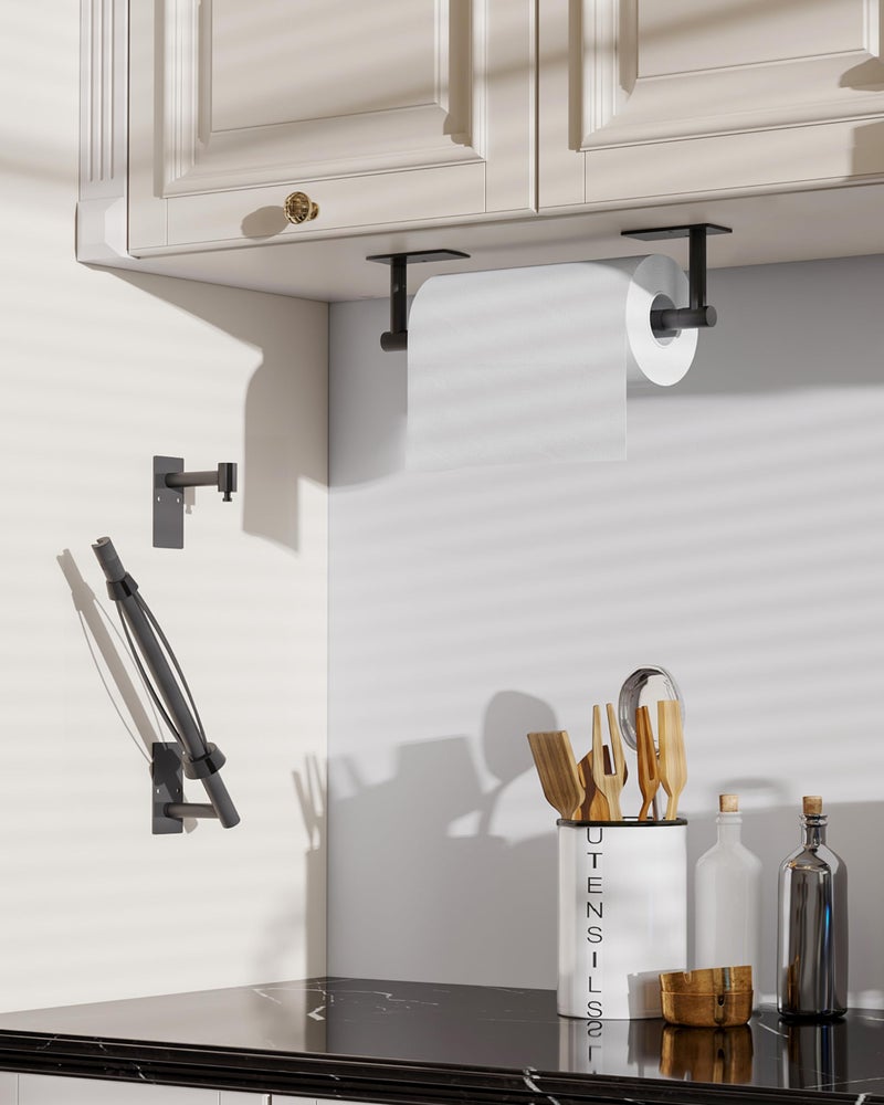 BATHDANCE Paper Towel Holder Under Cabinet Paper Towel Holder Wall Mount, Single Hand Operable with Damping Effect,Adhesive Stainless Steel for Kitchen Bathroom Commercial (Black) - Image 4