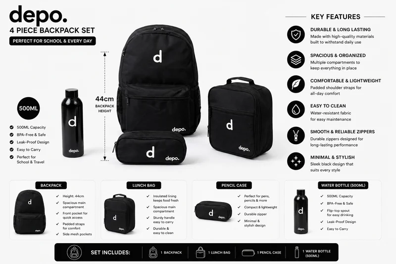 Depo DEPO 4-Piece School Set for Kids – 44 cm Black Backpack with Insulated Lunch Bag, Matching Pencil Case & 500ml BPA-Free Water Bottle