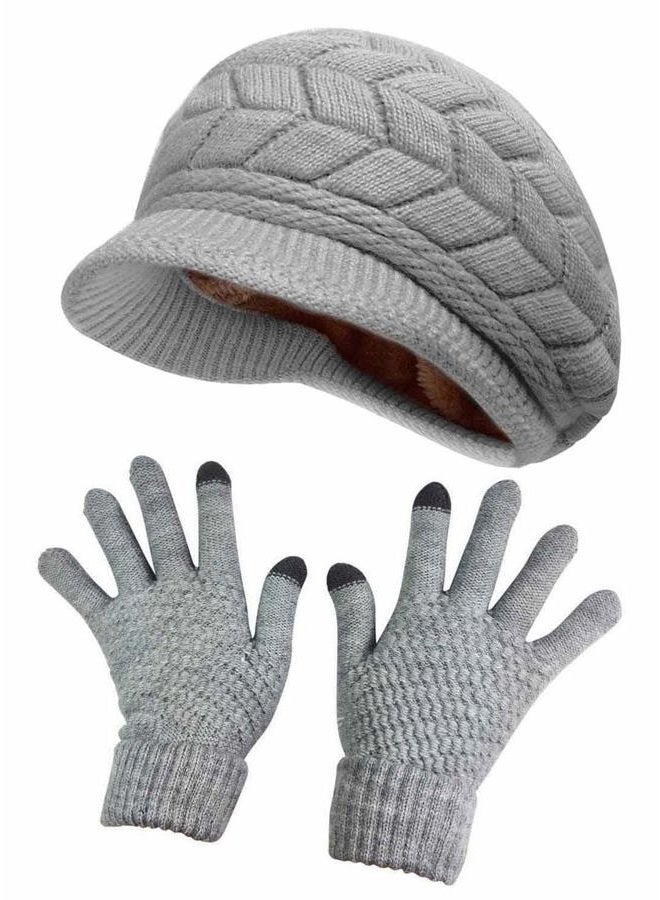 HINDAWI Winter Hats for Women Girls Warm Wool Knit Snow Ski Skull Cap with Visor, Hat and gloves (grey)., One Size - Image 1