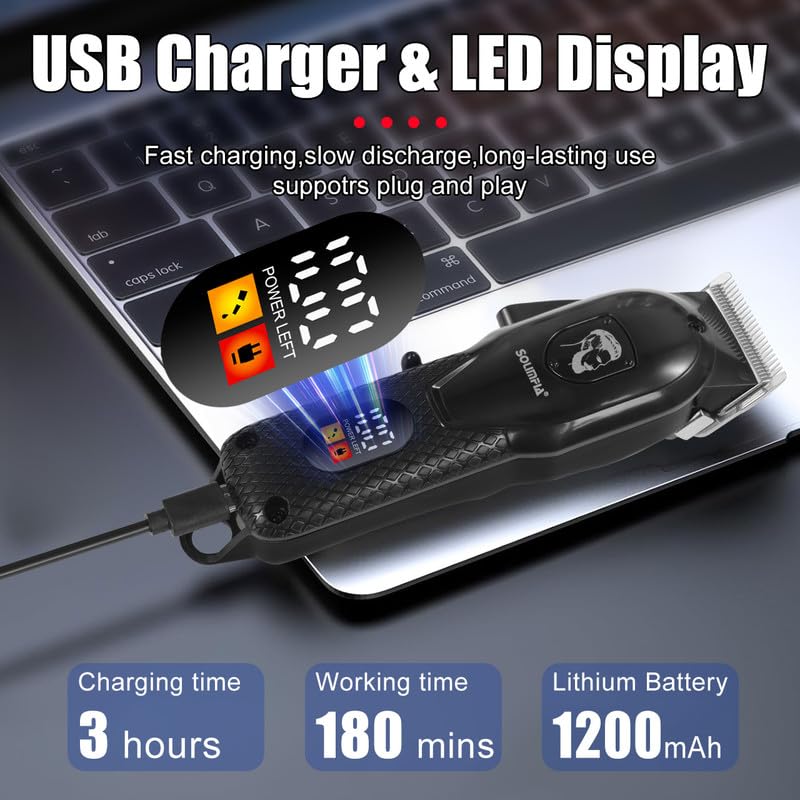 Solimpia HT-671 سلسلة صالون ماكينة حلاقة احترافية بشاشة رقمية ماكينة قص الشعر الكهربائية مجموعة أدوات تشذيب الشعر اللاسلكية، بطارية ليثيوم أيون 1200mAh 180 دقيقة من وقت التشغيل، أسود C - Image 3