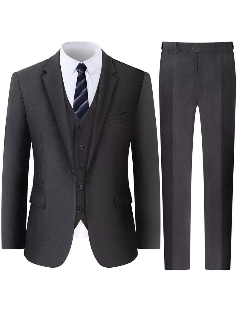 Fashonal Grey Suits for Men 3 Piece Suit Men One Button Jacket Blazer Vest Pants with Tie Dark Grey XXL