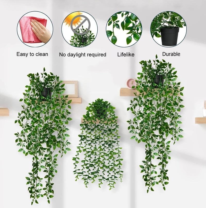 BLYPHOO Artificial Hanging Plants：Fake Hanging Ivy Leaf Plants, 3 Pcs Premium Fake Potted Greenery for Outdoor Indoor Décor, Faux Eucalyptus Vine for Home Garden Room Shelf Wall Farmhouse Party Décor - Image 2