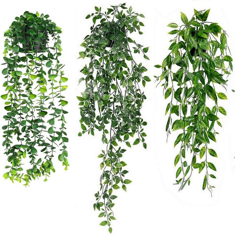 BLYPHOO Artificial Hanging Plants：Fake Hanging Ivy Leaf Plants, 3 Pcs Premium Fake Potted Greenery for Outdoor Indoor Décor, Faux Eucalyptus Vine for Home Garden Room Shelf Wall Farmhouse Party Décor - Image 1