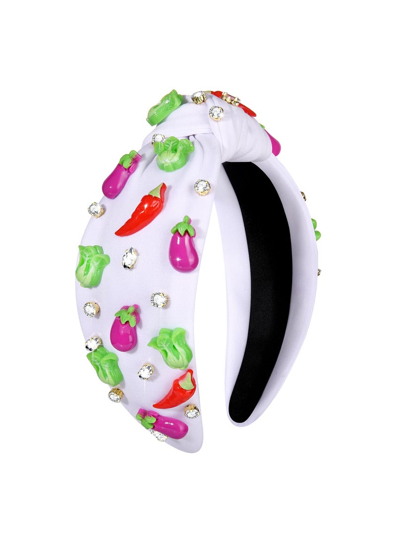 VOGUEKNOCK - Fruit Headbands for Women Girls Eggplant Greens Chili Vegetable Knotted Headband Summer Beach Headwear Hair Accessories VegetableWhite - Image 1