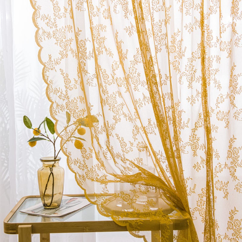 Deeprove Gold Lace Boho Curtains 84 Inches Long, Sheer Curtains Window Treatment Drape Pair 2 Panels Set for Bedroom Living Room Halloween, Dark Orange Bohemian Florals Vintage, Rod Pocket W57 x L84 - Image 2
