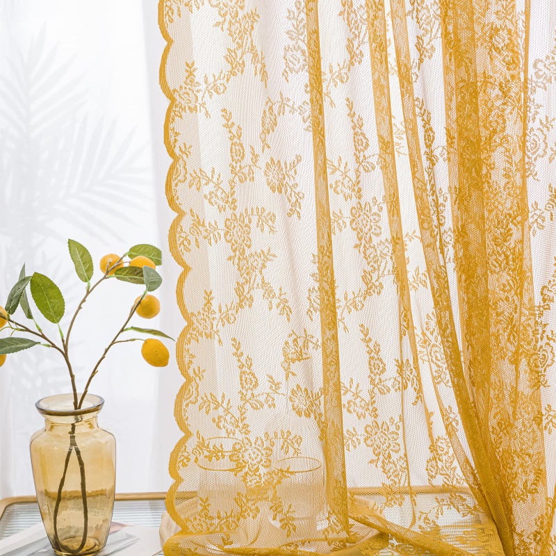 Deeprove Gold Lace Boho Curtains 84 Inches Long, Sheer Curtains Window Treatment Drape Pair 2 Panels Set for Bedroom Living Room Halloween, Dark Orange Bohemian Florals Vintage, Rod Pocket W57 x L84 - Image 5