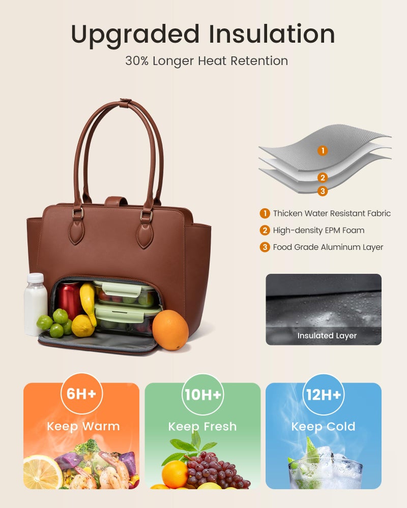 LOVEVOOK Lunch Tote Bag for Women, 2-in-1 Work Tote Bag with Lunch Compartment, Insulated Lunch Bag & 15.6 Inch Laptop Bag for Women, Ideal for Teacher, Nurse and Camping Use, Chestnut Brown - Image 2