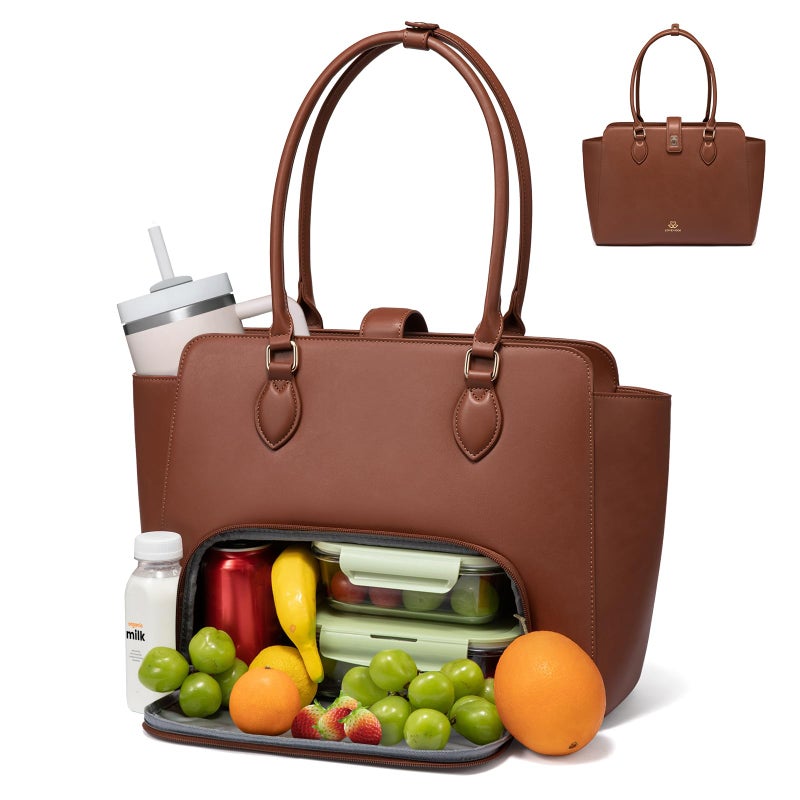 LOVEVOOK Lunch Tote Bag for Women, 2-in-1 Work Tote Bag with Lunch Compartment, Insulated Lunch Bag & 15.6 Inch Laptop Bag for Women, Ideal for Teacher, Nurse and Camping Use, Chestnut Brown - Image 1