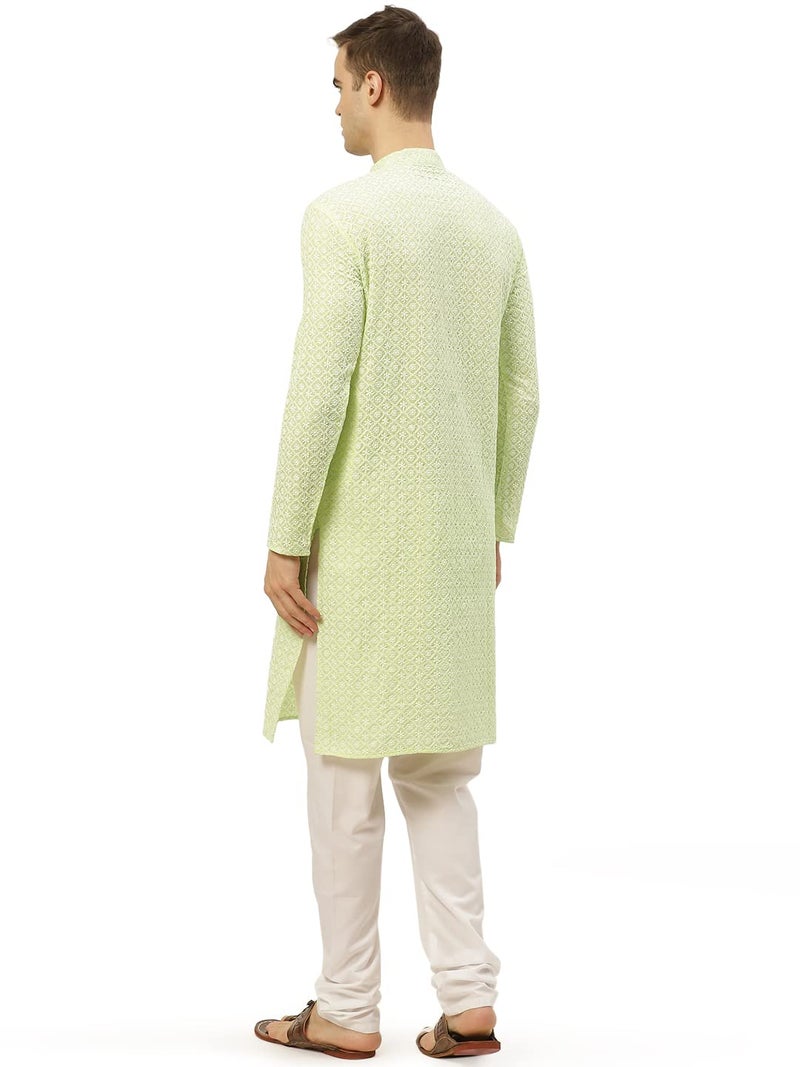 Jompers Men's Green & White Embroidered Straight Kurta Pyjama Set. (Green, XL) - Image 2