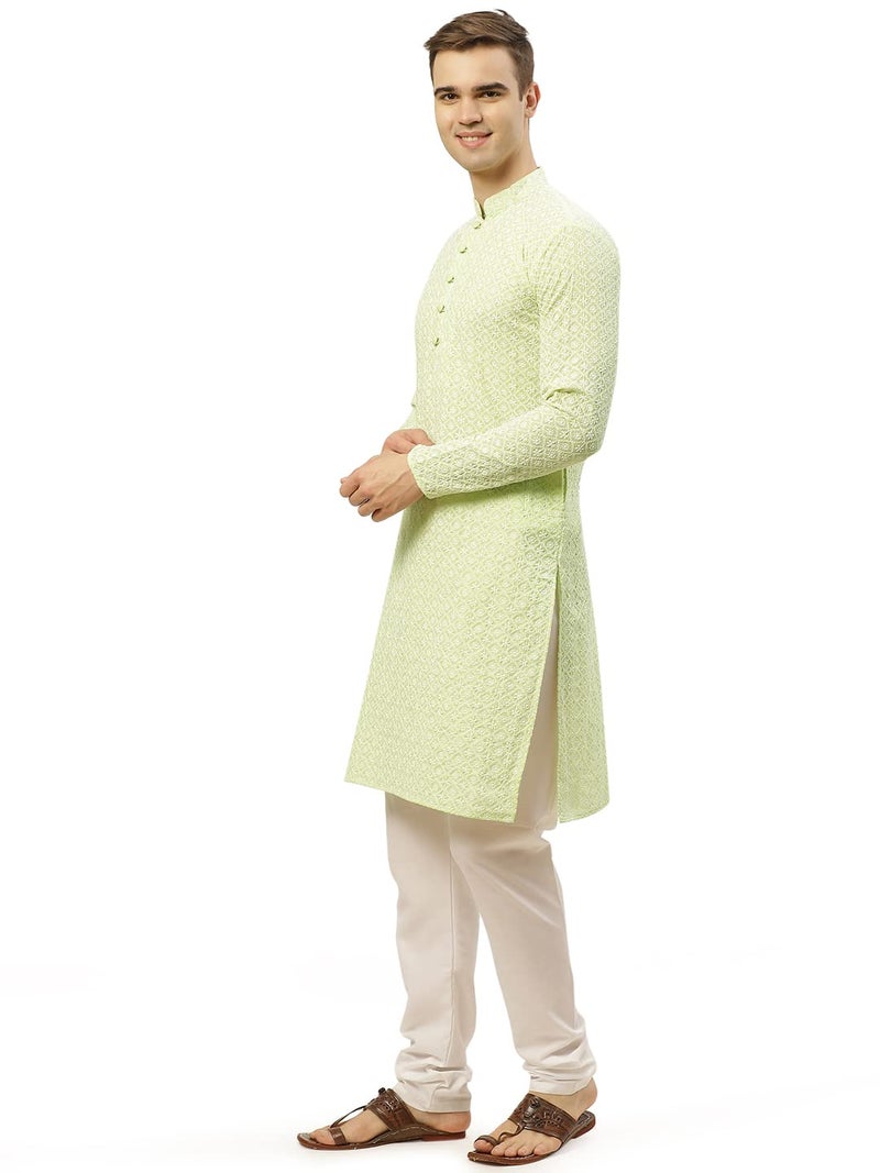 Jompers Men's Green & White Embroidered Straight Kurta Pyjama Set. (Green, XL) - Image 3