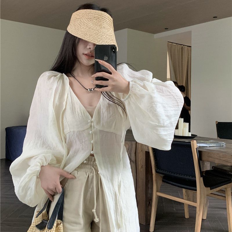 French Design Lantern Sleeve Sun Protection Shirt Womens Spring 2024 Waist Cinching Slimming Mid-Length Top L 57.50 kg-65.00 kg