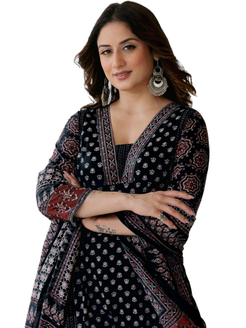 Arayna Women’s 100% Pure Cotton Printed Ethnic Suit | A-Line Kurta Set with Pant & Dupatta, Black, Medium - Image 1