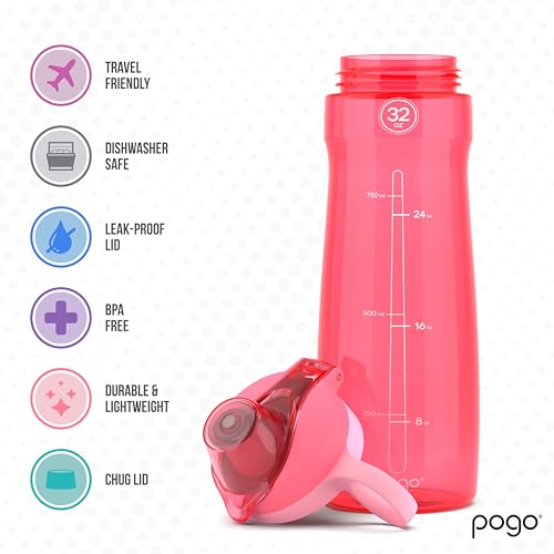 Pogo BPA-Free Tritan Plastic Water Bottle with Chug Lid, 32 Oz, Pink. - Image 3