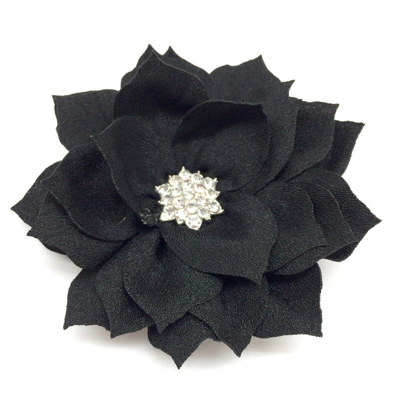 PEPPERLONELY 10PC Set Black Flat Back Rhinestone Button Center Fabric Flowers 3 Inch