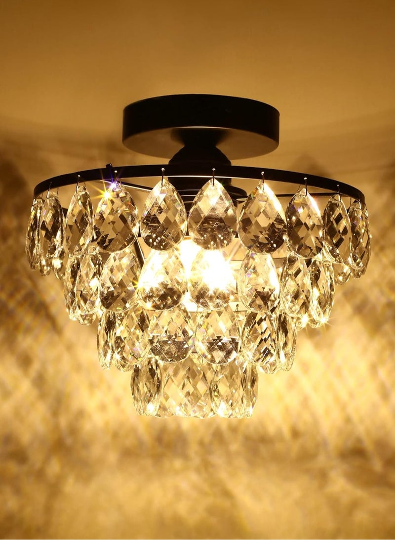 LOOPITYS Black crystal chandelier, small mini chandelier, modern embedded crystal chandelier (diameter 25CM/9.84 inch bulb base: E27, bulb not included) corridor ceiling lighting, corridor bedroom hall living room ceiling - Image 1