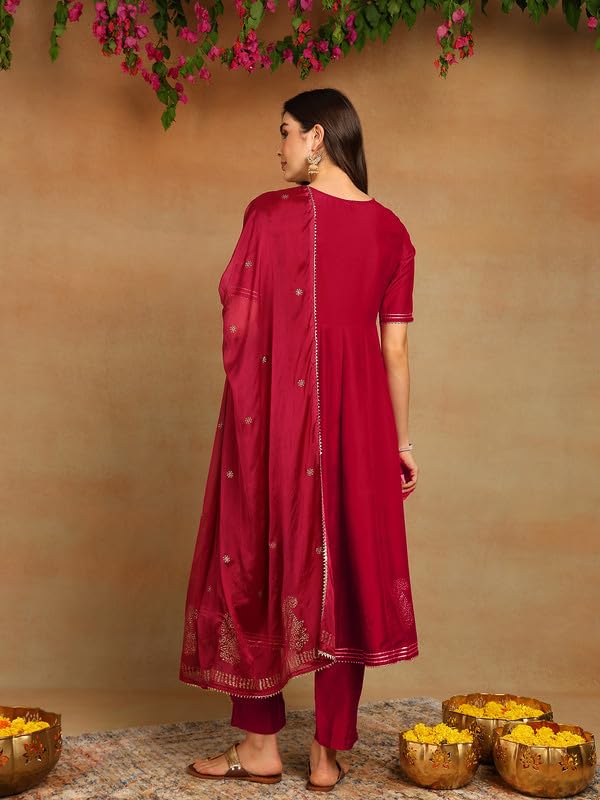 Vaamsi Women's Viscose Rayon Solid Anarkali Kurta Pant with Dupatta (VKSKD1482_M_Burgundy) - Image 4