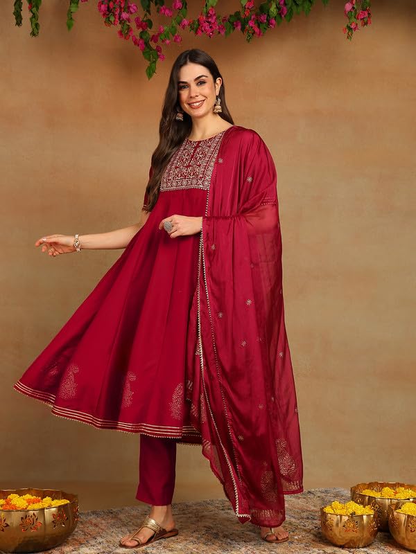 Vaamsi Women's Viscose Rayon Solid Anarkali Kurta Pant with Dupatta (VKSKD1482_M_Burgundy) - Image 2