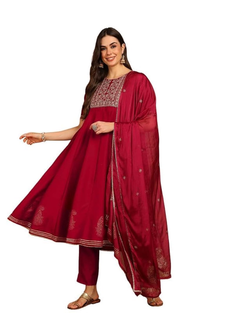 Vaamsi Women's Viscose Rayon Solid Anarkali Kurta Pant with Dupatta (VKSKD1482_M_Burgundy) - Image 1