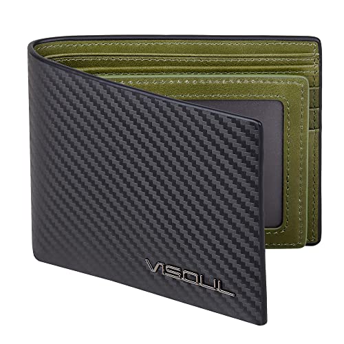 VISOUL Leather Mens Bifold RFID Blocking Wallet with 2 ID Windows, Leather Wallet for Men (Carbon Fiber, Black+Green) - Image 1