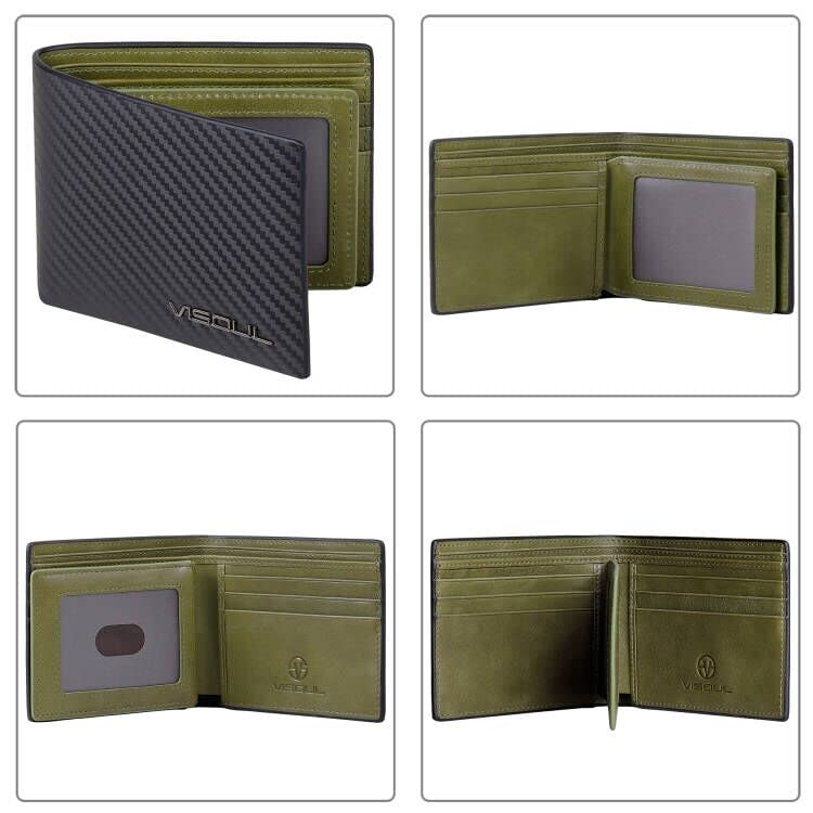 VISOUL Leather Mens Bifold RFID Blocking Wallet with 2 ID Windows, Leather Wallet for Men (Carbon Fiber, Black+Green) - Image 2