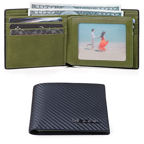 VISOUL Leather Mens Bifold RFID Blocking Wallet with 2 ID Windows, Leather Wallet for Men (Carbon Fiber, Black+Green) - Image 3