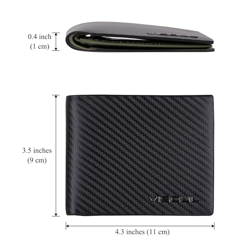 VISOUL Leather Mens Bifold RFID Blocking Wallet with 2 ID Windows, Leather Wallet for Men (Carbon Fiber, Black+Green) - Image 4