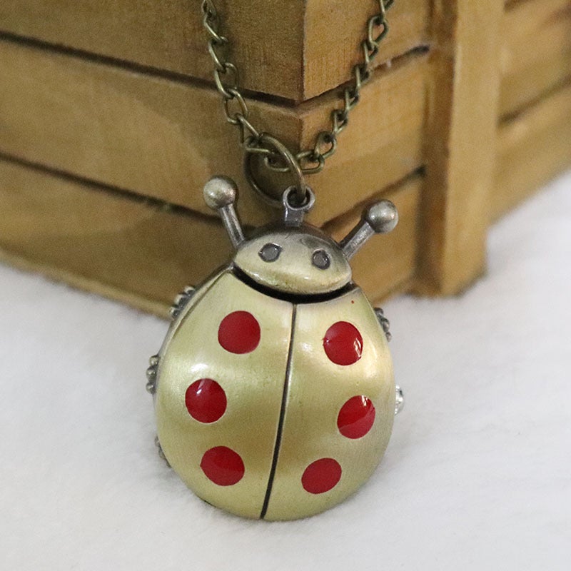 Vintage Star Lucky Pocket Watch Robot Bike Chain Pendant Red Beetle Necklace 