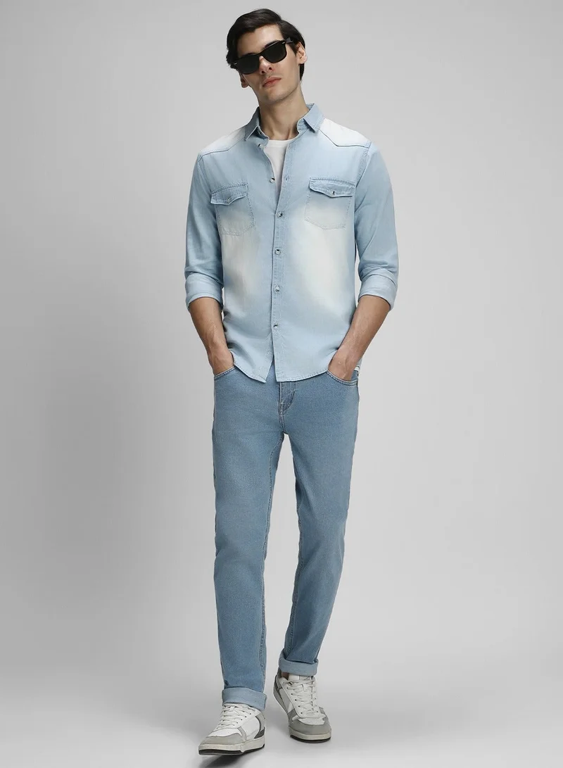 Dennis Lingo Slim Fit Light Blue Men's Solid Shirt, Spread Collar, Full Sleeves, 100% Cotton,