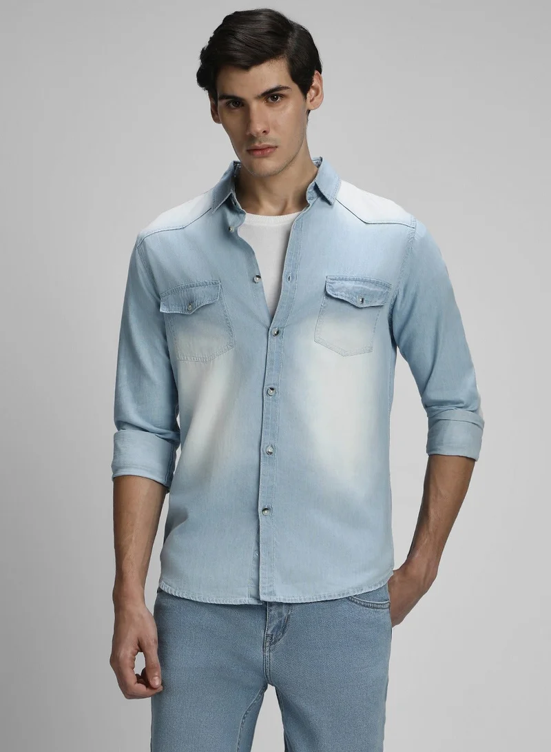 Dennis Lingo Slim Fit Light Blue Men's Solid Shirt, Spread Collar, Full Sleeves, 100% Cotton,