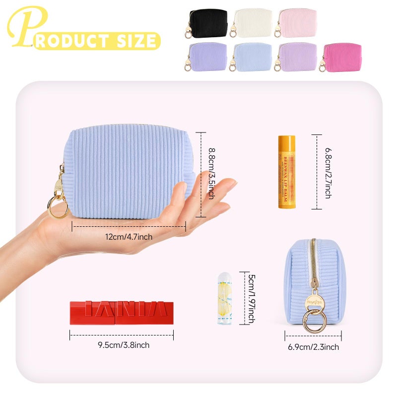 Playexen Mini Makeup Bag, Corduroy Small Cosmetic Bag for Purse with Ring Buckle, Portable Travel Makeup Pouch for Lipsticks, Chapsticks, Coin, Earphone, Credit Card (Beige) - Image 2