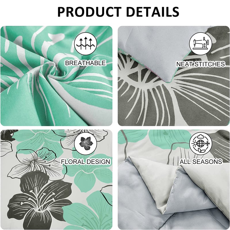 Luxudecor Floral Comforter Set King Size Green Floral Pattern Bedding Comforter Soft Microfiber 7 Pieces Bed in a Bag (1 Comforter, 2 Pillow Shams, 1 Flat Sheet, 1 Fitted Sheet, 2 Pillowcases) - Image 3