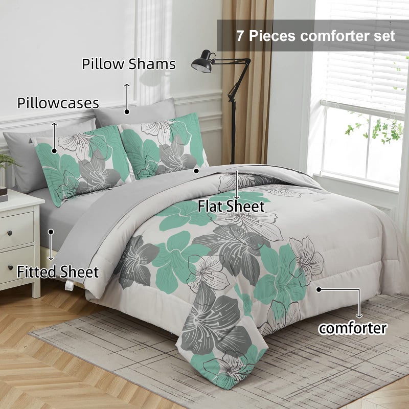 Luxudecor Floral Comforter Set King Size Green Floral Pattern Bedding Comforter Soft Microfiber 7 Pieces Bed in a Bag (1 Comforter, 2 Pillow Shams, 1 Flat Sheet, 1 Fitted Sheet, 2 Pillowcases) - Image 2