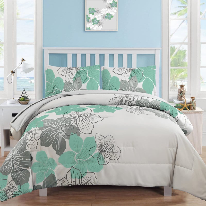 Luxudecor Floral Comforter Set King Size Green Floral Pattern Bedding Comforter Soft Microfiber 7 Pieces Bed in a Bag (1 Comforter, 2 Pillow Shams, 1 Flat Sheet, 1 Fitted Sheet, 2 Pillowcases) - Image 1
