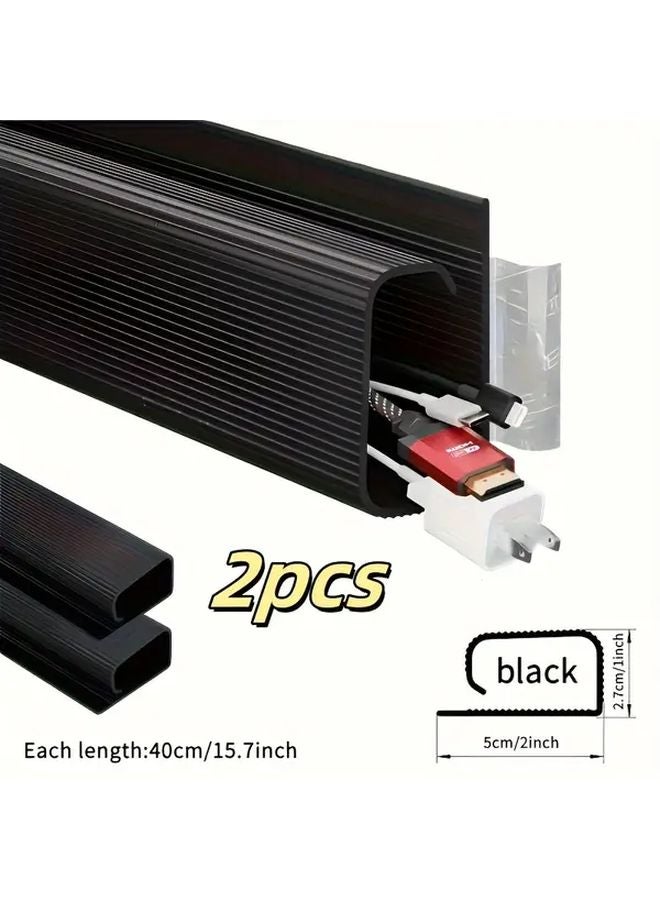 2Pcs Black Self Adhesive Under Table Cable Tray PVC Wire Organizer No Drilling Installation - Image 1