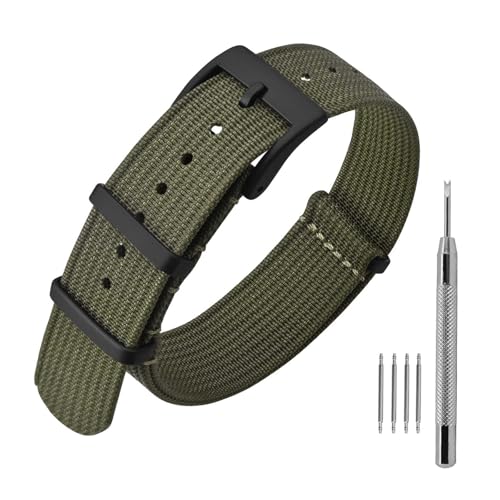 ANNEFIT Nylon Watch Band 22mm OnePiece Waterproof Military Watch Straps with Heavy Black Buckle Army Green - Image 1