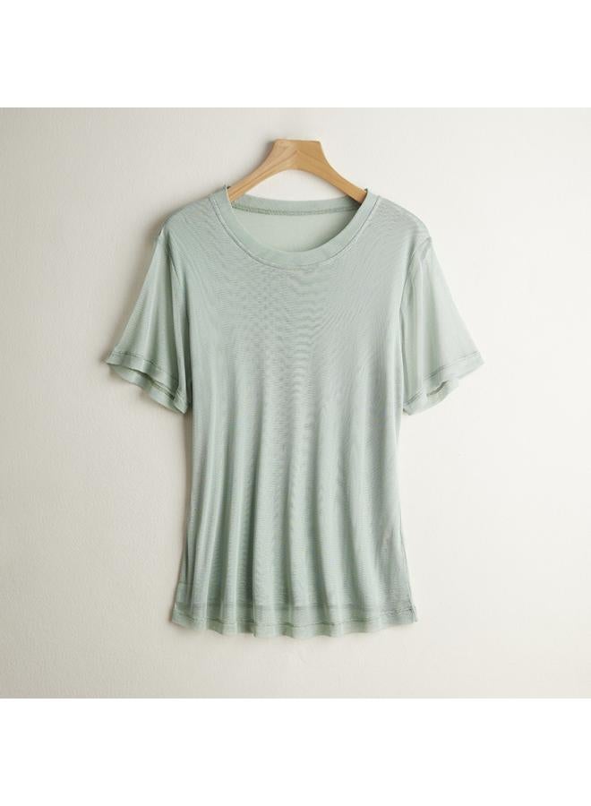 VUELO Silk Mesh T-shirt Women's New Mesh Mulberry Silk Solid Color Round Neck Short Sleeve Top Large Size Base Shirt 