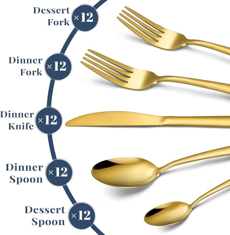 hunnycook طقم أدوات مائدة من 60 قطعة من الذهب والفضة لـ 12 شخص من الفولاذ المقاوم للصدأ يشمل الشوك والملاعق والسكاكين مجموعة أدوات للمطبخ المنزلي والمطاعم آمنة للغسل في غسالة الصحون - Image 3