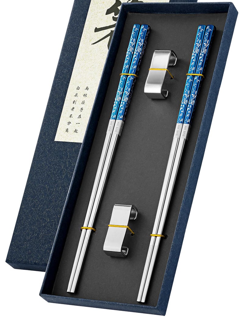 FOFAYU Metal Chopsticks Reusable 2 Pairs Titanium Plated Stainless Steel Chopsticks with Holder Dishwasher Safe NonSlip Japanese Style Chop Sticks Present Set Blue Silver