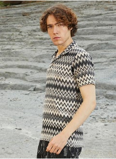 كامبوس سوترا Men's Moon Grey & Off White Zig-Zag Knit Polo T-Shirt  - Image 3