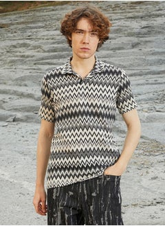 كامبوس سوترا Men's Moon Grey & Off White Zig-Zag Knit Polo T-Shirt  - Image 2