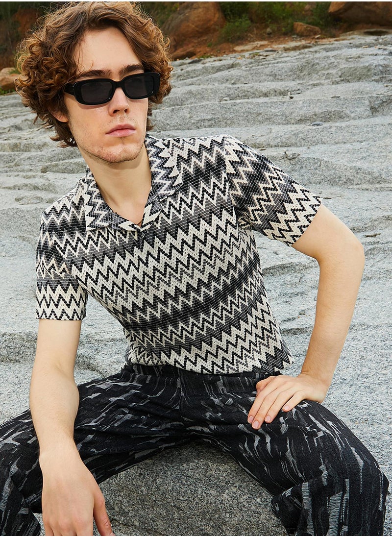 Campus Sutra Men's Moon Grey & Off White Zig-Zag Knit Polo T-Shirt  - Image 1
