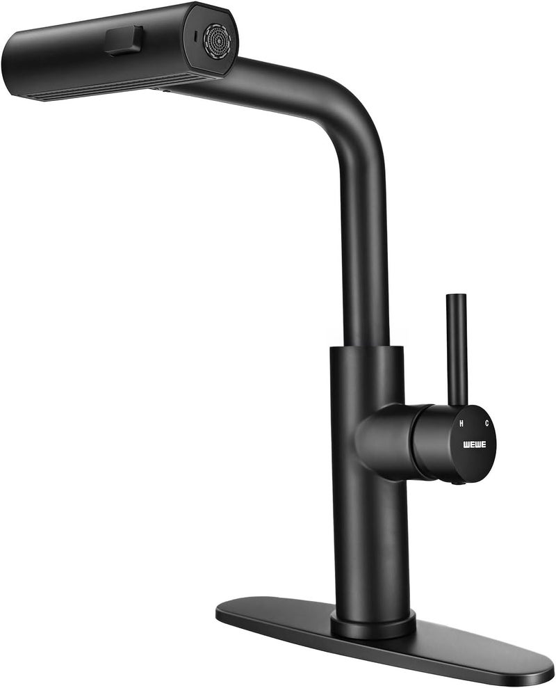 WEWE Waterfall Kitchen Faucet with Pull Down Sprayer, Black Kitchen Faucet with 3 Modes(Sweep/Stream/Waterfall) Swivel Switch Mode,Single Handle Kitchen Sink Faucet - Image 1