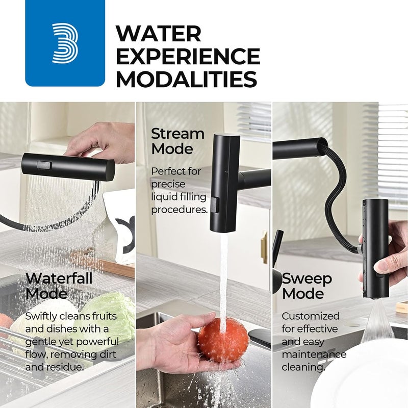WEWE Waterfall Kitchen Faucet with Pull Down Sprayer, Black Kitchen Faucet with 3 Modes(Sweep/Stream/Waterfall) Swivel Switch Mode,Single Handle Kitchen Sink Faucet - Image 3