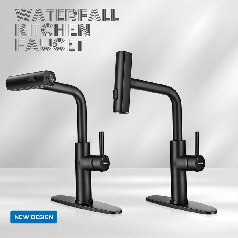 WEWE Waterfall Kitchen Faucet with Pull Down Sprayer, Black Kitchen Faucet with 3 Modes(Sweep/Stream/Waterfall) Swivel Switch Mode,Single Handle Kitchen Sink Faucet - Image 2