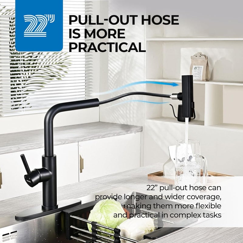 WEWE Waterfall Kitchen Faucet with Pull Down Sprayer, Black Kitchen Faucet with 3 Modes(Sweep/Stream/Waterfall) Swivel Switch Mode,Single Handle Kitchen Sink Faucet - Image 4
