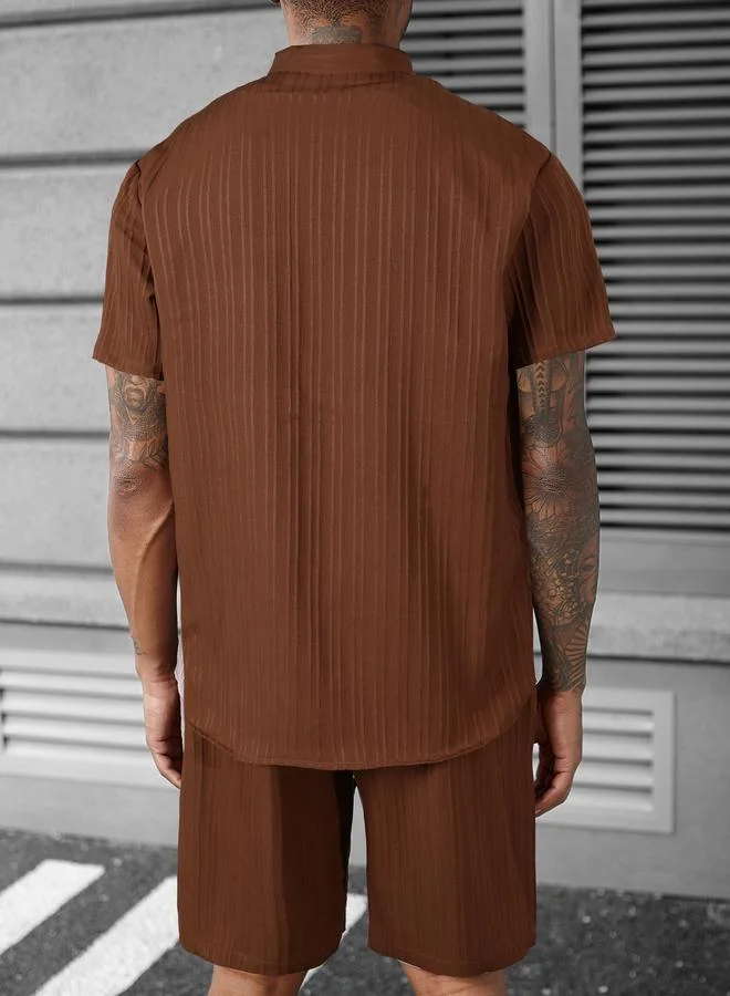 Take Two Men Brown Textured Stand Collar Short Sleeve Polo T-Shirt and Shorts Co-Ords