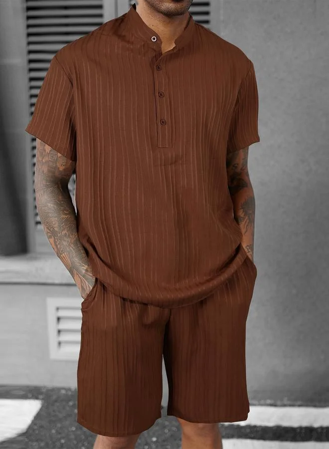 Take Two Men Brown Textured Stand Collar Short Sleeve Polo T-Shirt and Shorts Co-Ords